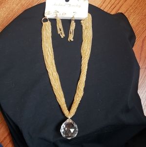 Gold Multi Chain Necklace with Round Clear Diamond